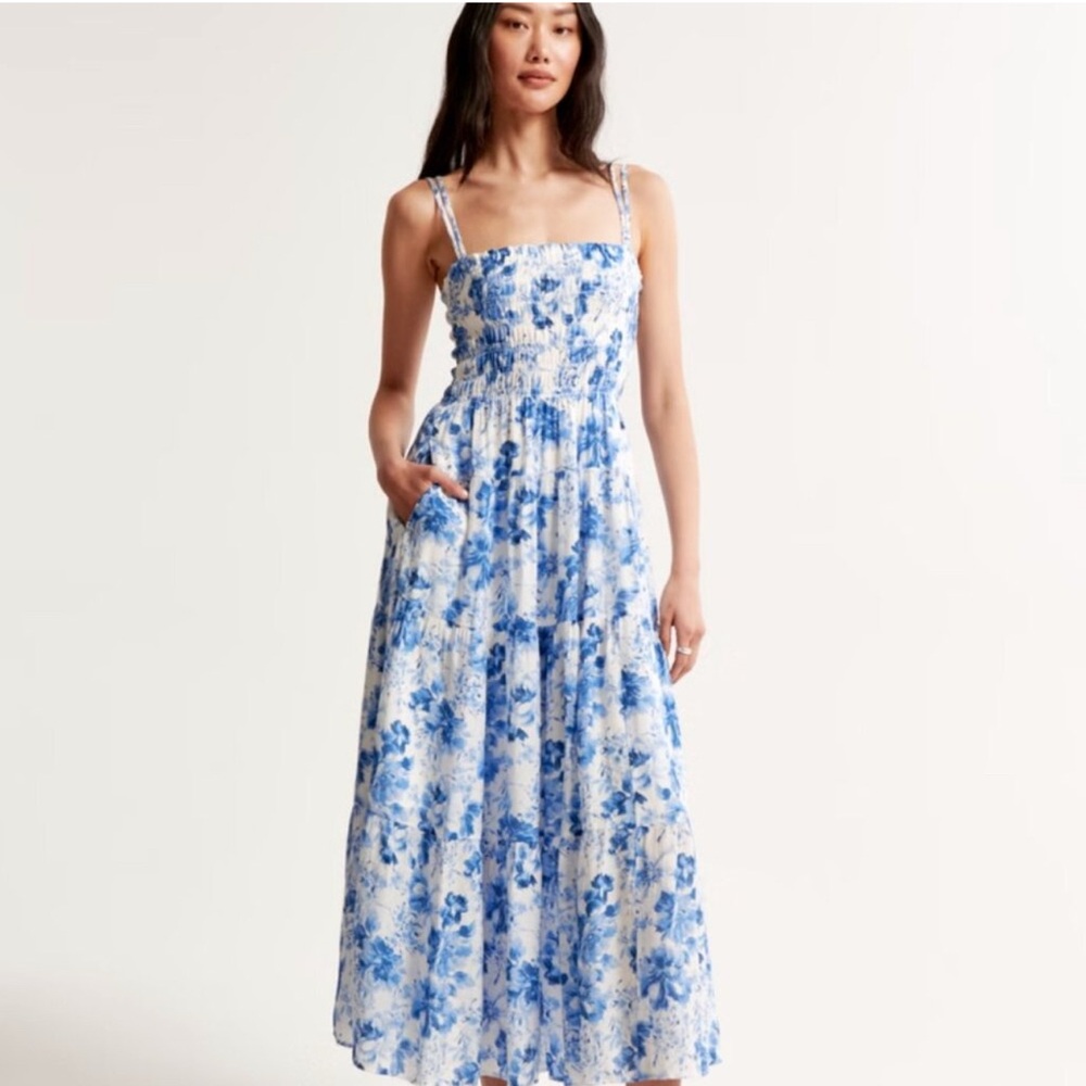 A&F Floral Blue & White Smoked Maxi Dress